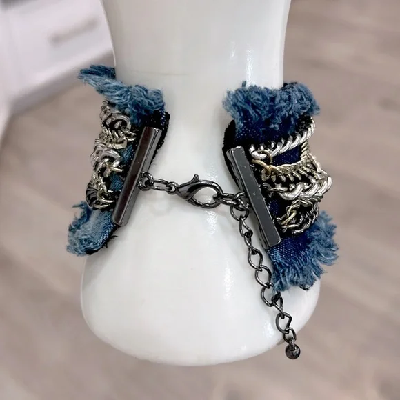 Multi Link Multi Finish Frayed Denim Bracelet - Picture 9 of 10